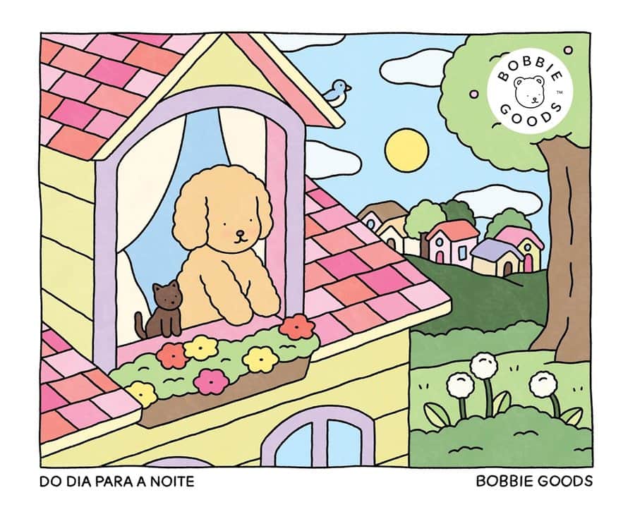 Original Humanevi thematic illustration inspired by Do dia para a noite (Day to night) – Livro de colorir oficial Bobbie Goods; not the official cover.