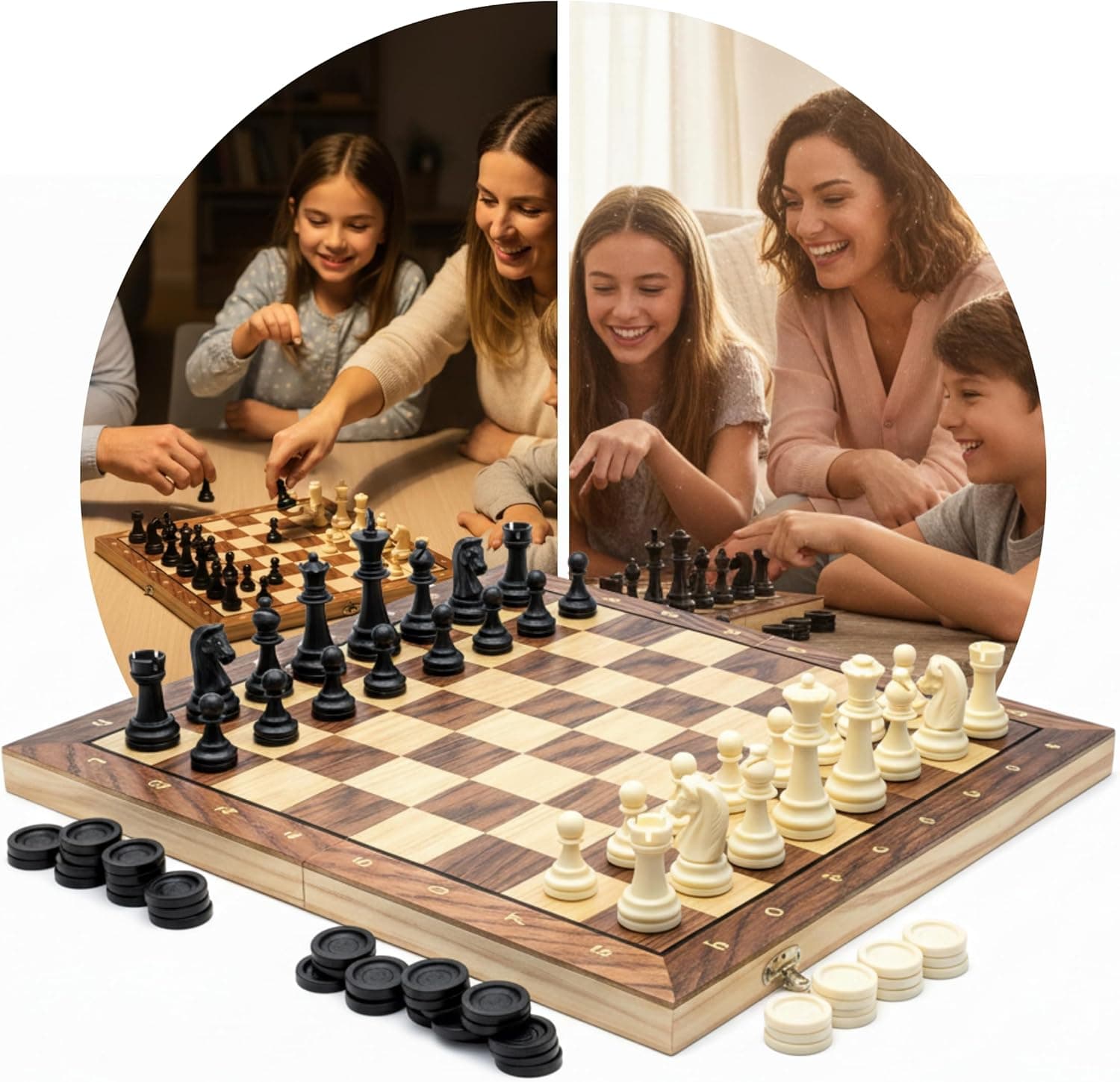 Foldable 3-in-1 magnetic board game set with chess pieces and a checkered playing surface.